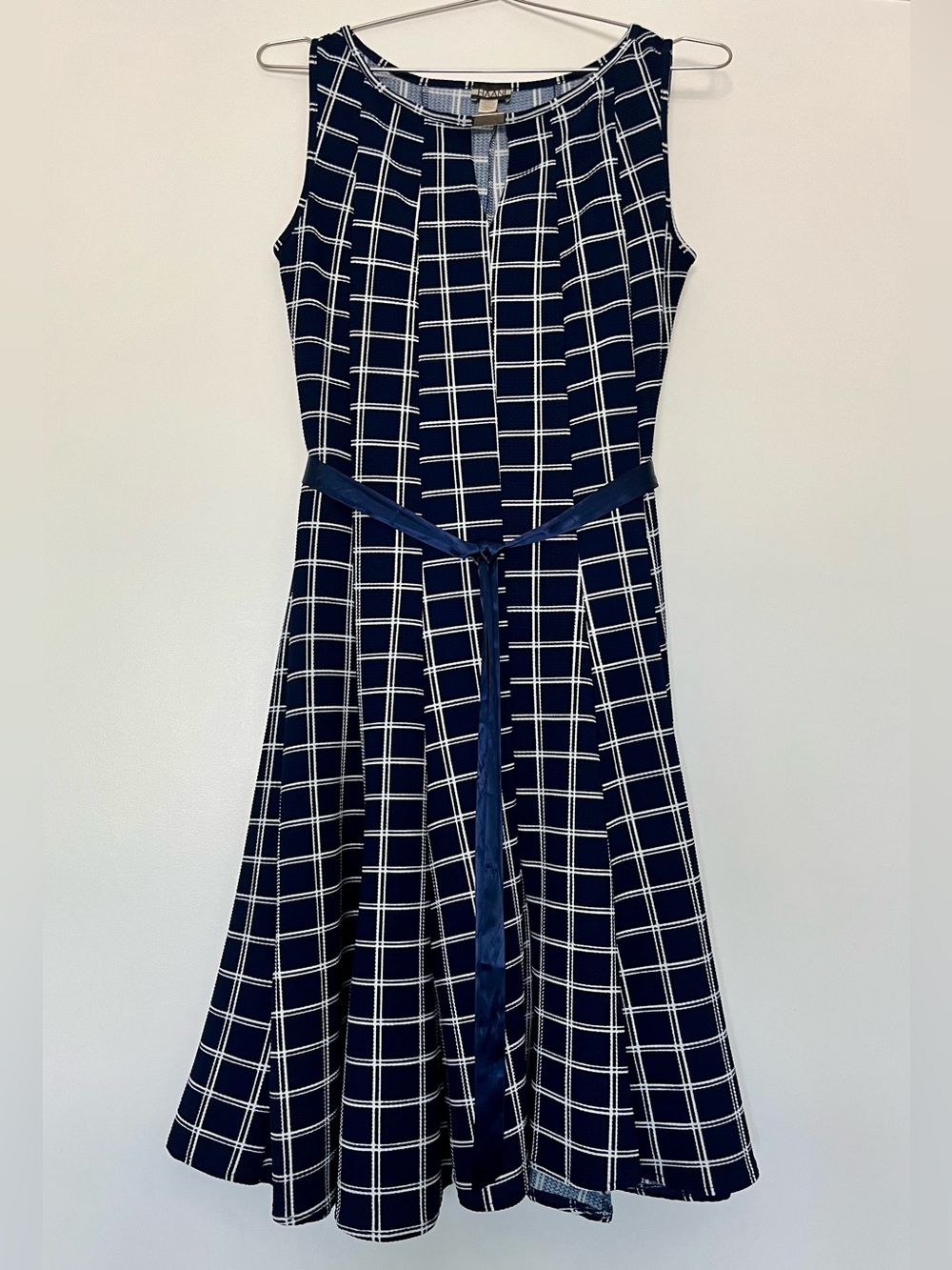 HAANI Sleeveless Windowpane Ribbon Belted Fit & Flare Dress Career